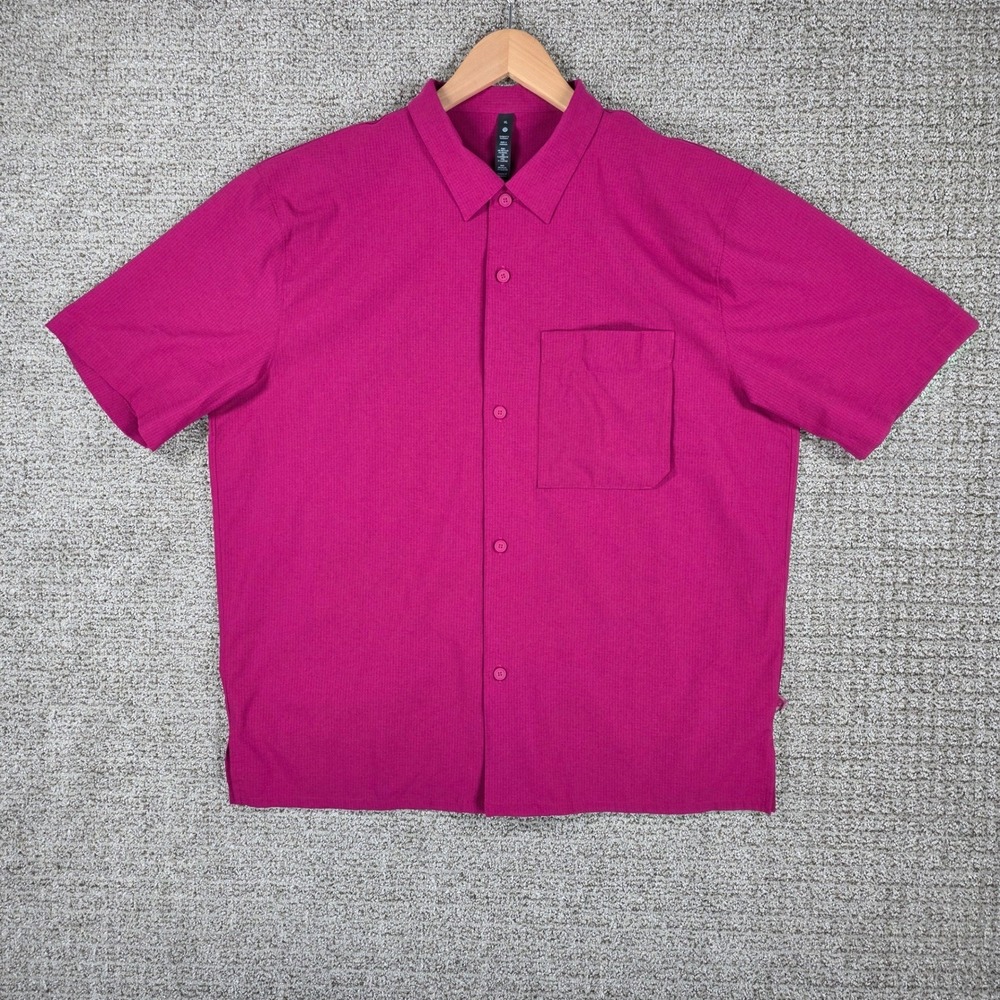 Lululemon Airing Easy Camp Collar Short Sleeve Shirt XL Pink Pocket Button Up